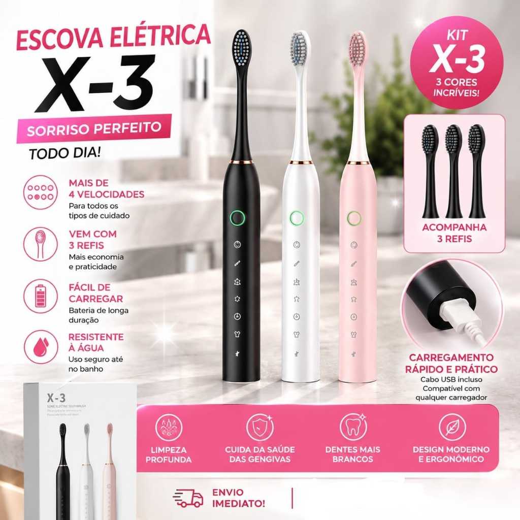 Escova De Dentes Elétrica Recarregável Sonic X3 Com 3 Refis Grátis