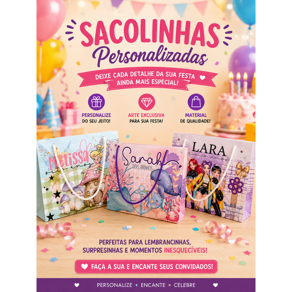 Sacolinhas Personalizadas Escolha seu tema / Lembrancinha Festa Infantil / Sacola Surpresa