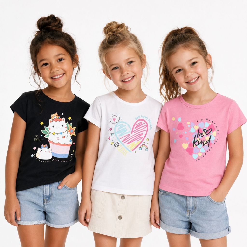 Kit 3 Blusas Infantil Feminina Manga Curta Estampada | Algodão Gola Redonda Roupa Menina Verão