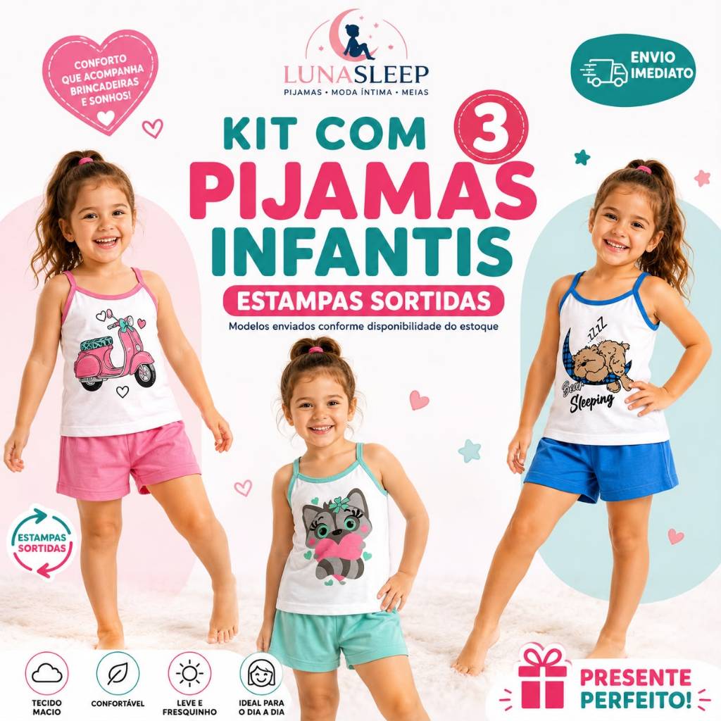 Kit 3 Pijamas Infantis Estampa Sortida Kids Menina Criança Estampado Regata Verão Manga Curta Calor Roupa Dormir