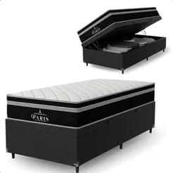 Cama Box Baú Solteiro Couro Preto + Colchão Paris Cores
