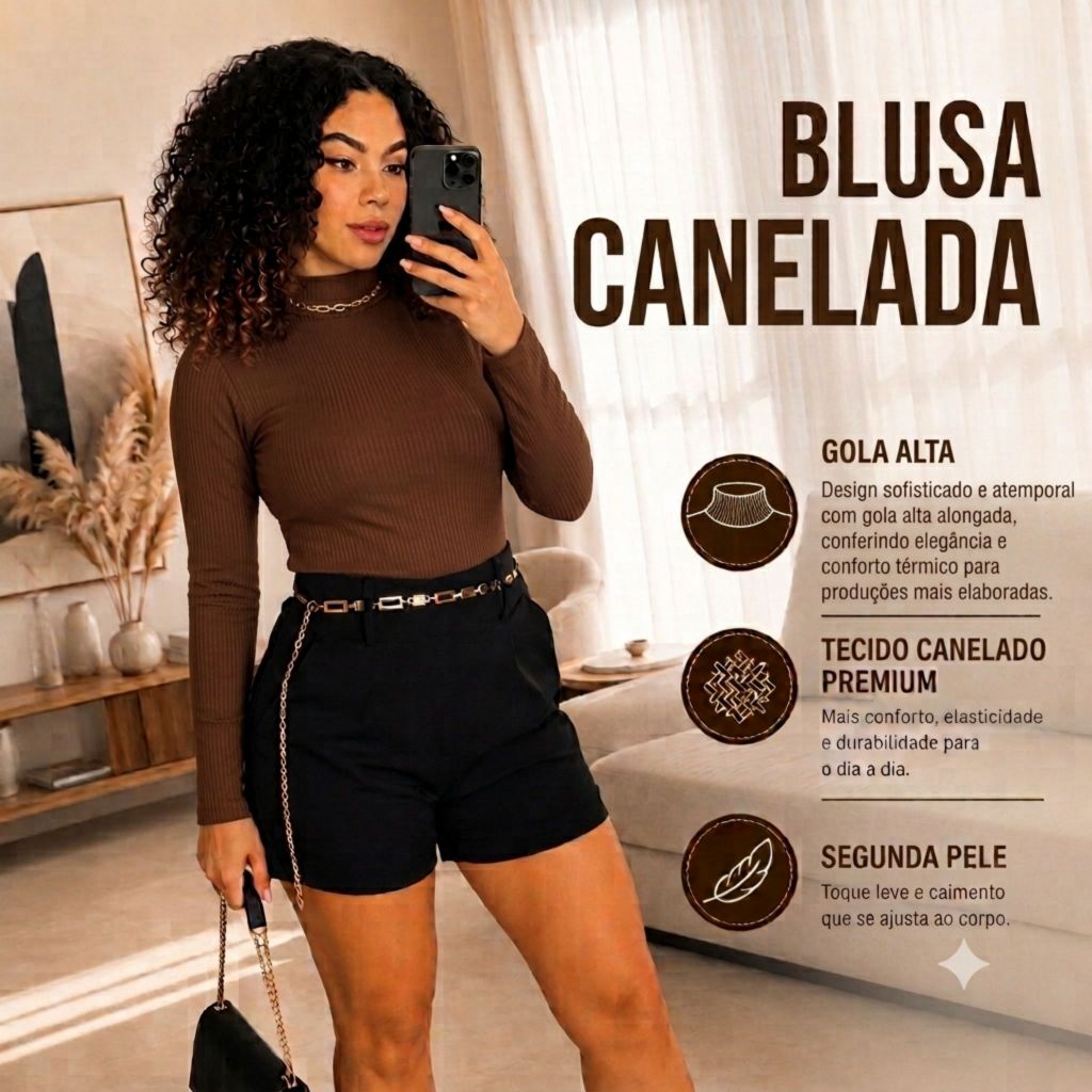 Blusa Canelada Feminina Gola Alta Manga Longa Segunda Pele Tecido Premium Confortável Inverno Casual Elegante Blogueira