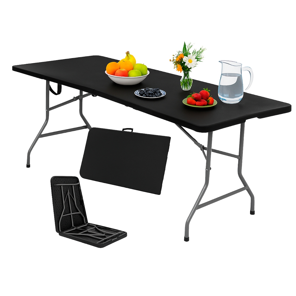 Mesa Dobrável Portátil Vira Maleta Com Alça 1.80m Camping Viagem Grande Preto Branco Domus Vita