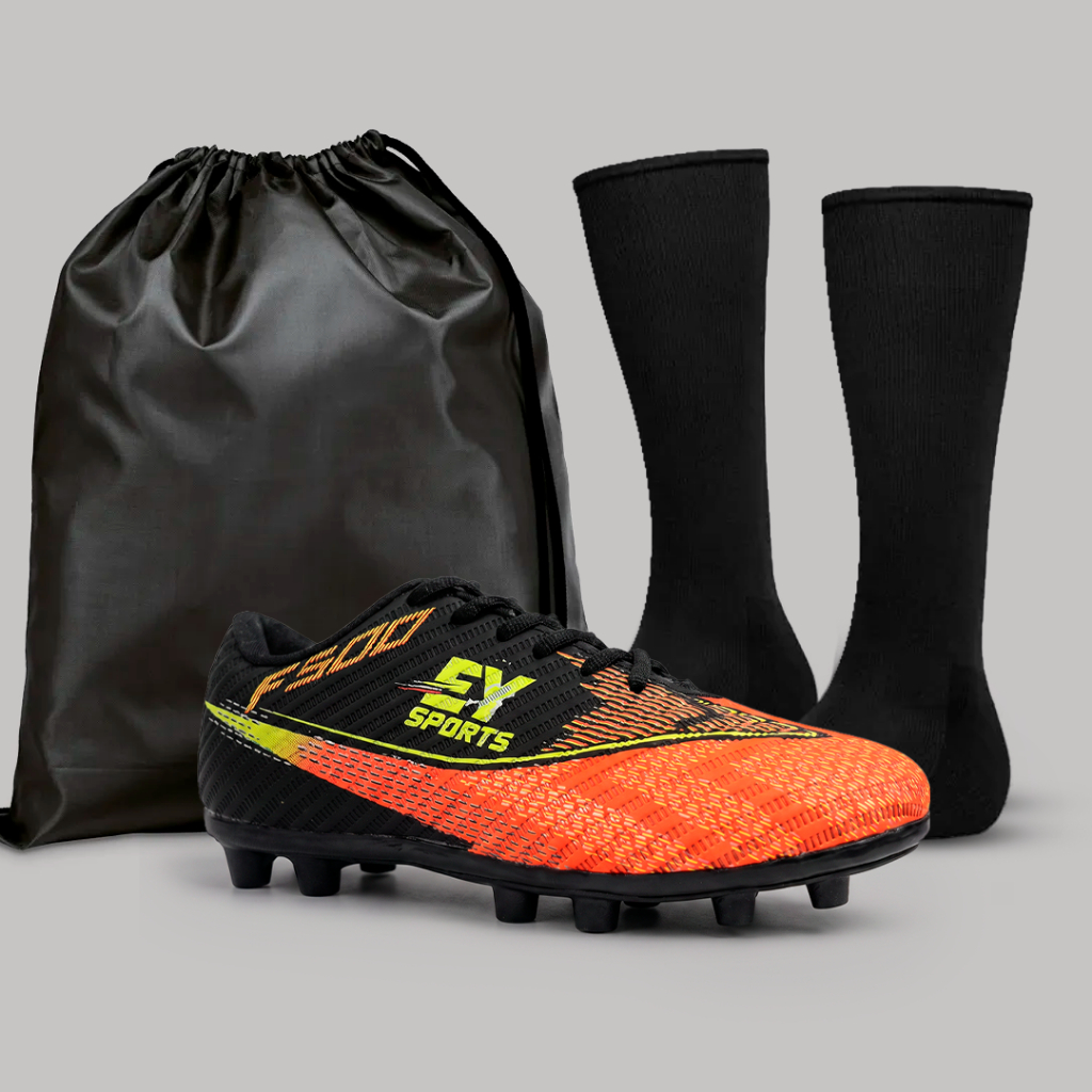 Kit Chuteira de Campo Masculina Adulto Solado Costurado com Travas + Meião e Mochila