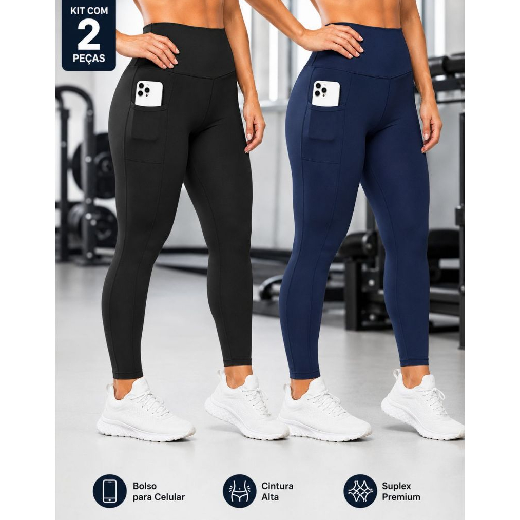 Kit 2 Calça Legging Feminina Cós Alto Bolso Lateral Suplex Fitness Academia | Cobertura Reforçada, Baixa Transparência