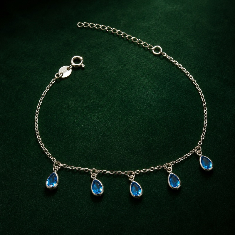 Pulseira Feminina Gotas Azuis Prata 925 Delicada