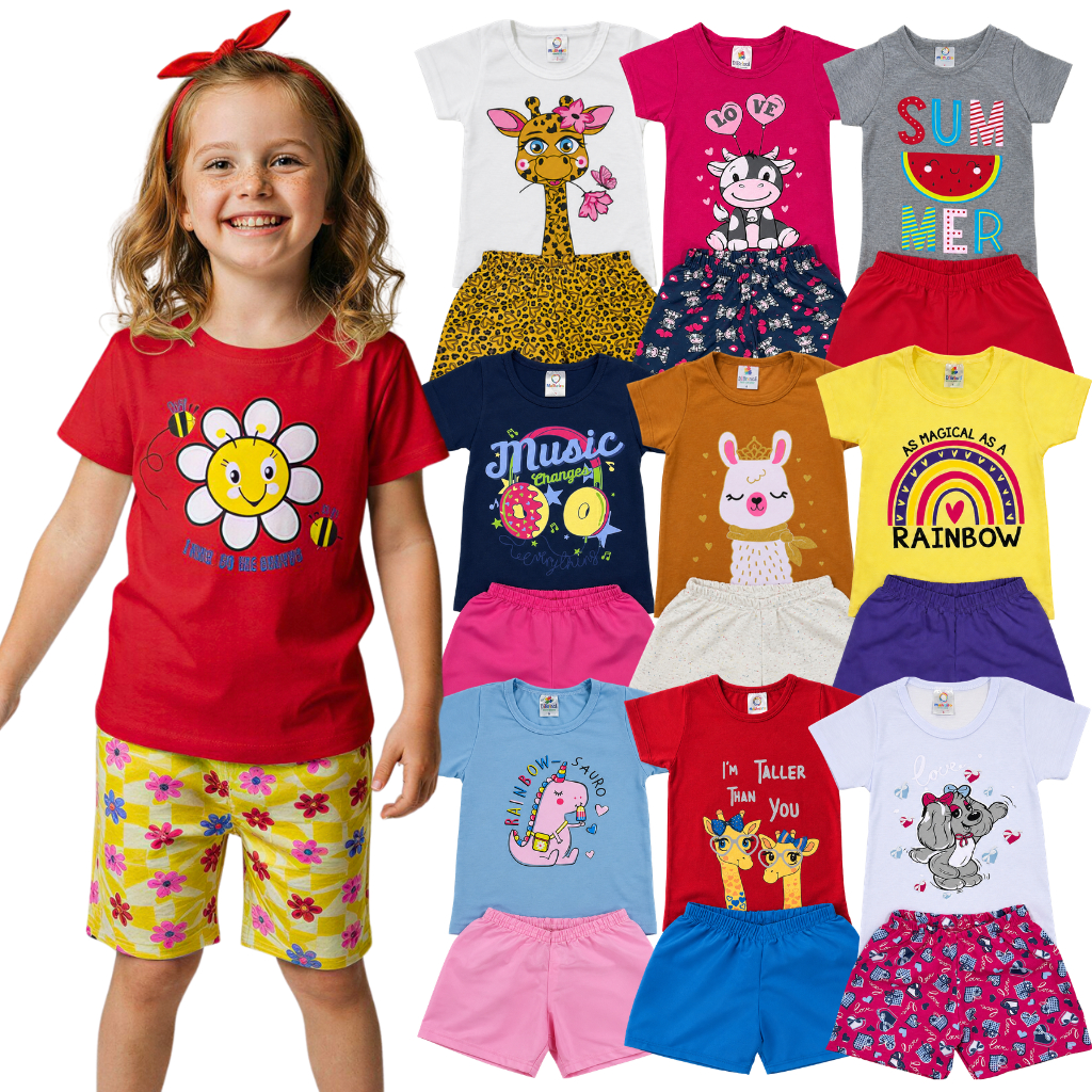 Kit de 6 ou 10 peças Kit de Conjunto Verão Infantil Sortido Roupa Menina Camiseta/Blusa + Shorts