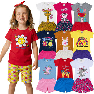 Kit de 6 ou 10 peças Kit de Conjunto Verão Infantil Sortido Roupa Menina Camiseta/Blusa + Shorts 3 ou 5 Conjuntos