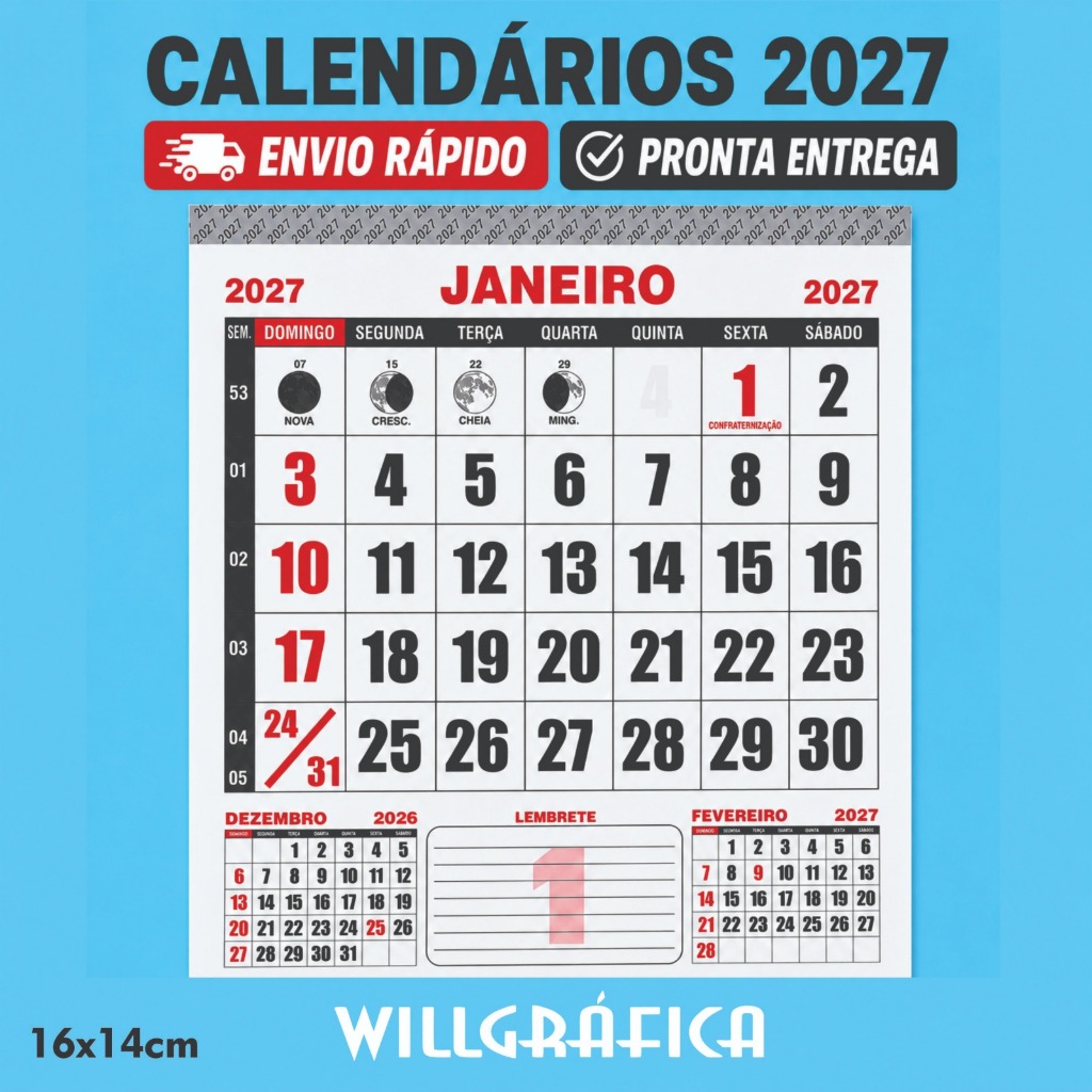 500 Blocos Calendário 2027, 16x14cm Refil– Folhinha Comercial Parede