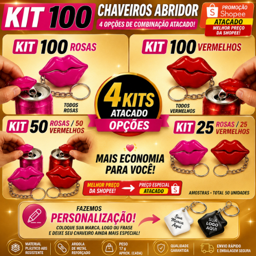 Chaveiro Abridor de Lata Boca Beijo Kit Atacado 50 / 100 un. | Personalizado