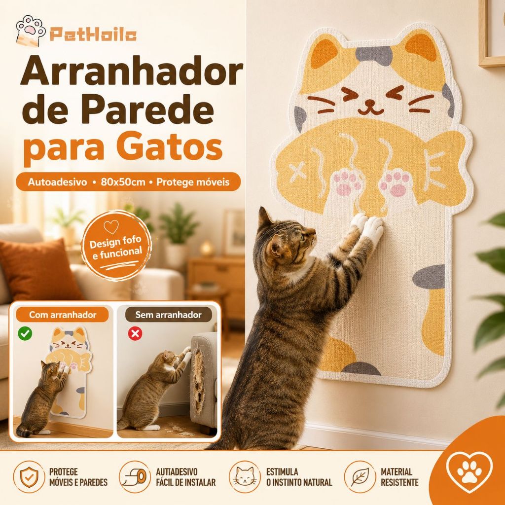 Protetor de Parede para Gatos com Arranhador Adesivo 80x50cm Formato Cenoura