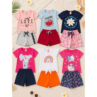 Kit 4 Peças 2 Conjuntos Menina Infantil Verão em Algodão Confortável Viagem Passeio Casual - 2 Shorts 2 Camisas 1 ao 12