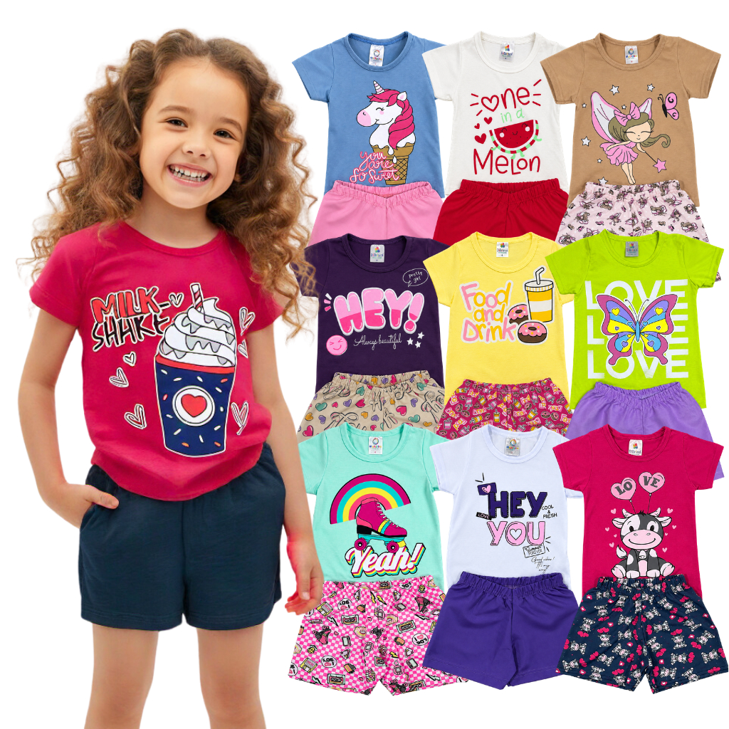 Kit 10, 6 ou 2 Peças Conjunto Roupa Infantil Menina Verão Camiseta + Shorts Liso ou Estampado