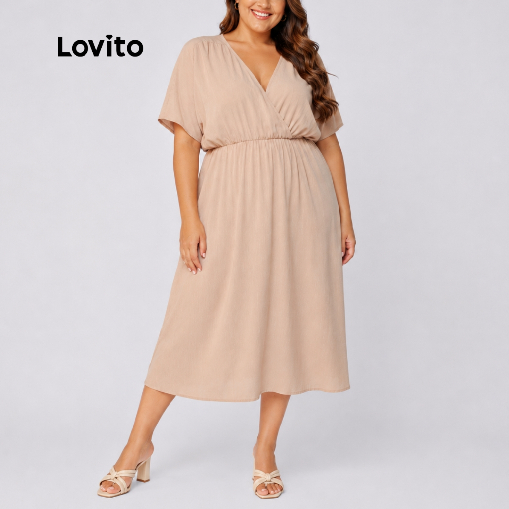 Lovito Plus Size Vestido Feminino Elegante Midi Viscose Envelope DRB125BRL154