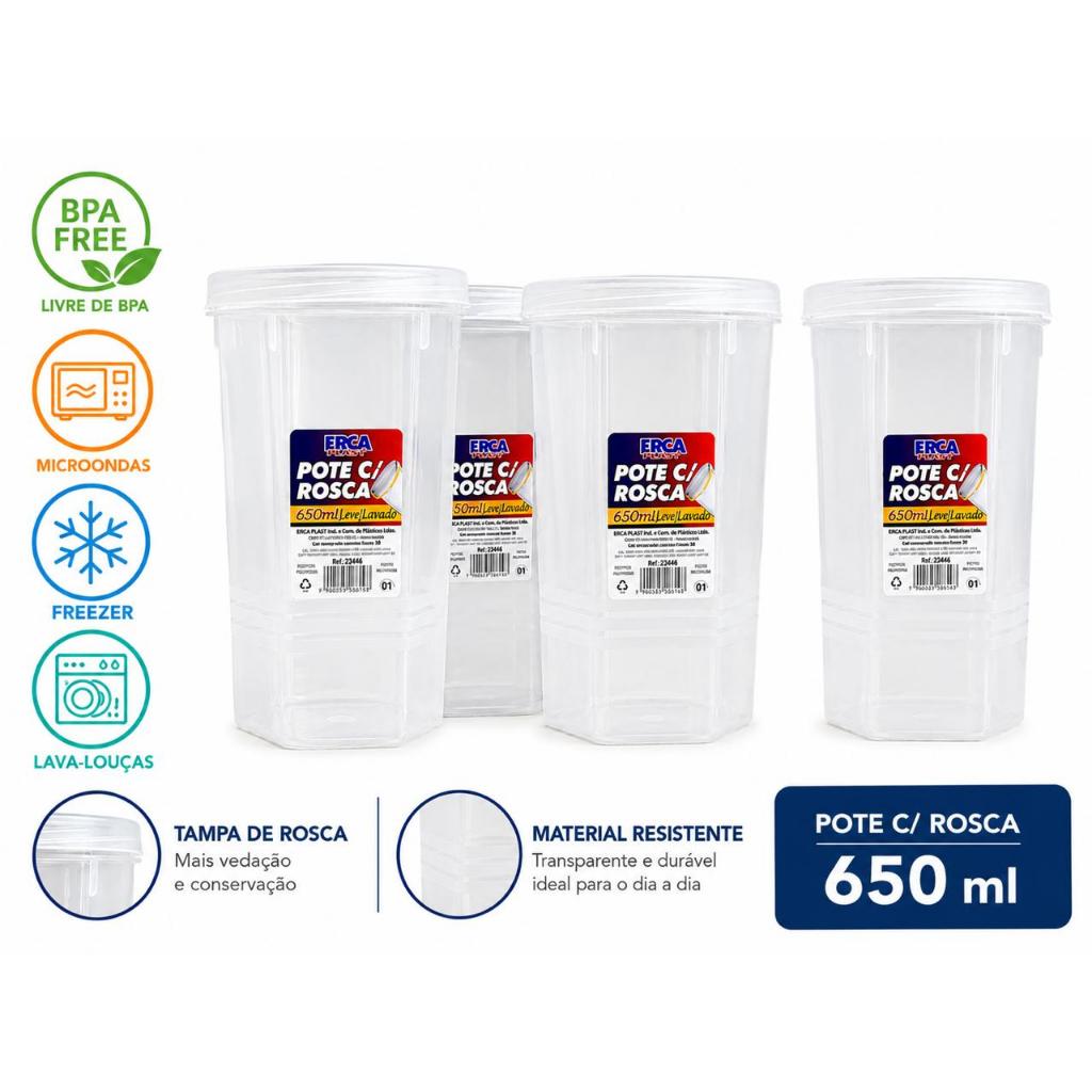 Pote Mantimento 650 ml Tampa De Rosca Transparente Sextavado Organizador Cozinha
