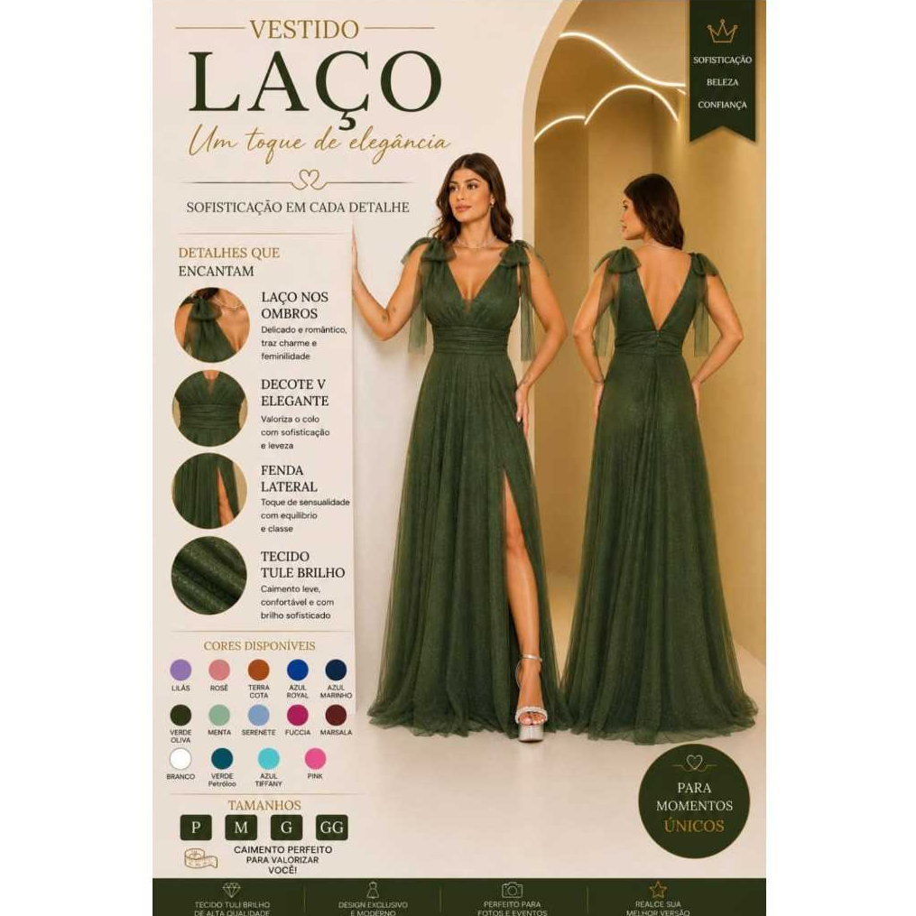 Vestido longo de festa em tule brilho com laços nos ombros e fenda lateral