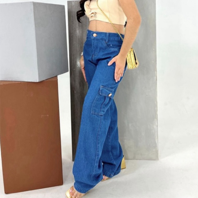 Calça Jeans Cargo Feminina Wide Leg Juvenil Moda Evangélica Confortável Cintura Alta do 10 ao 16