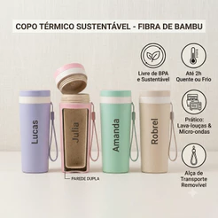 Copo Térmico Personalizado Com Nome Fibra Bambu 350ml Com Alça Ideal Para Presente Lembrancinha Livre BPA