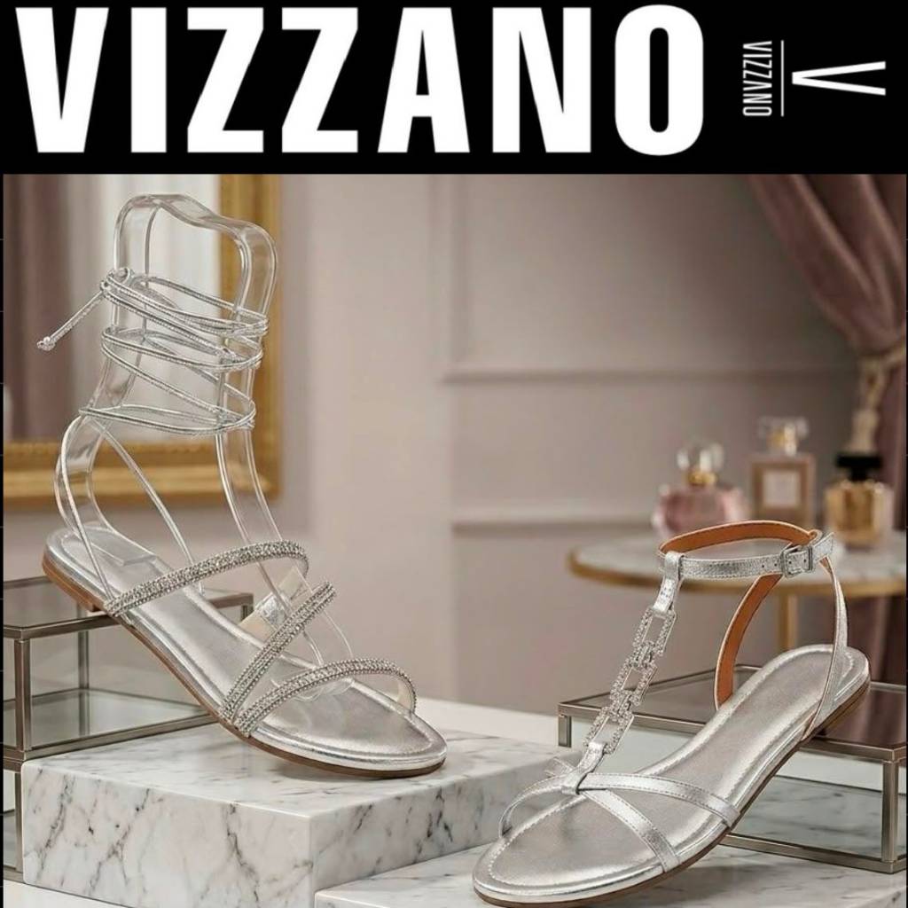 Sandália Rasteira Feminina Vizzano Prata Metalizada Festa Elegante Confortável Original