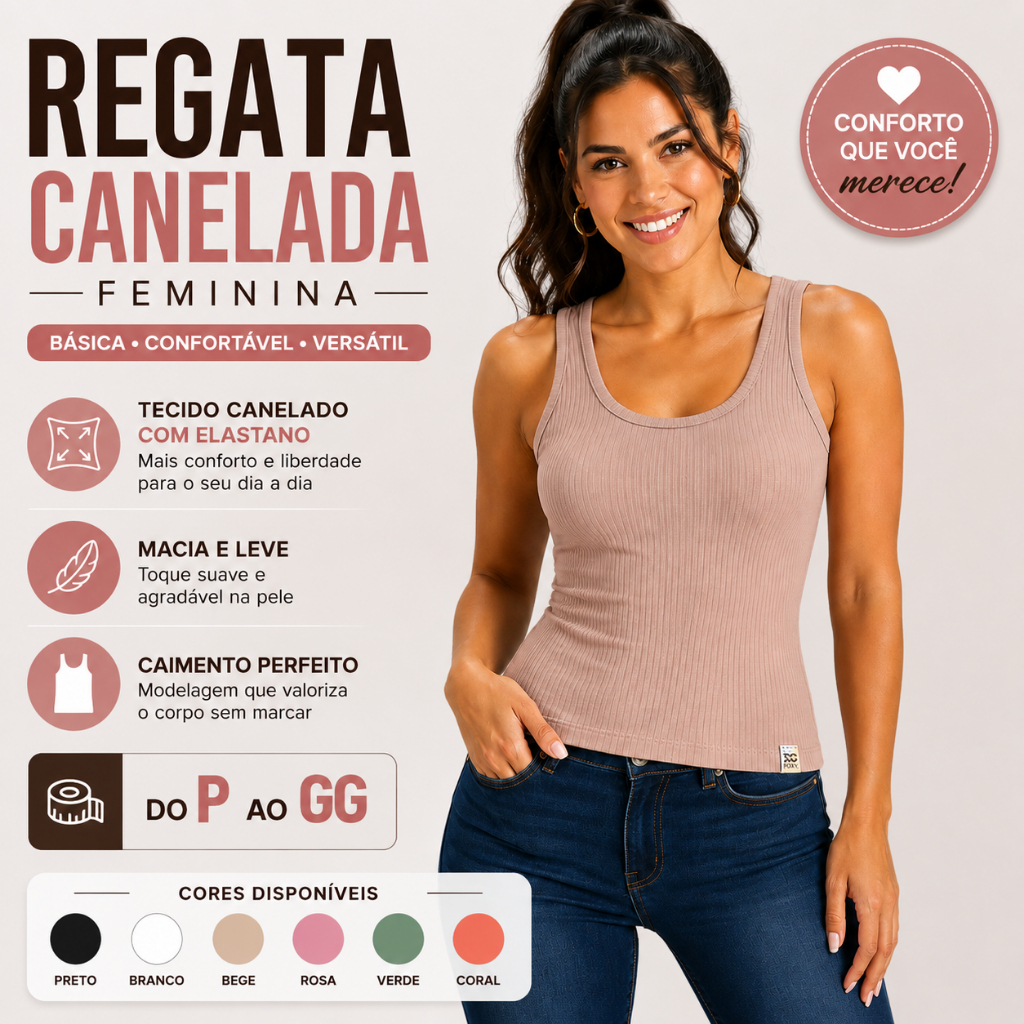 Regata Feminina Básica Ribana Canelada Leve Confortável Casual Moderna Moda Verão Dia a Dia 25622-C2