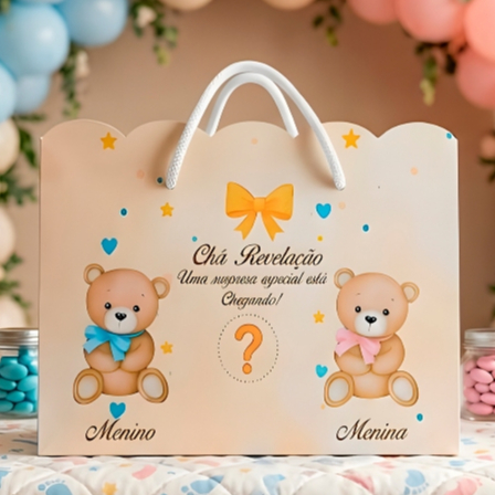 Sacolinha Surpresa Personalizada Lembrancinha Chá Bebê Ursinho Dourado Neutro- Chá Revelação