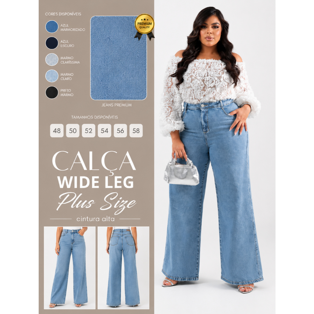 Calça Jeans Feminina Wide leg Plus Size Azul Marmorizado Cintura Alta