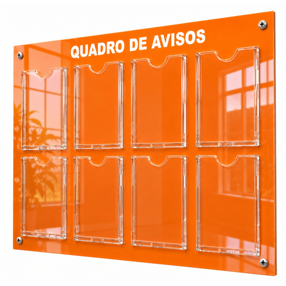 Quadro Avisos Gestão Á Vista 8 Displays Painel Mural Organização Tarefas A4 ACM Resistente Laranja