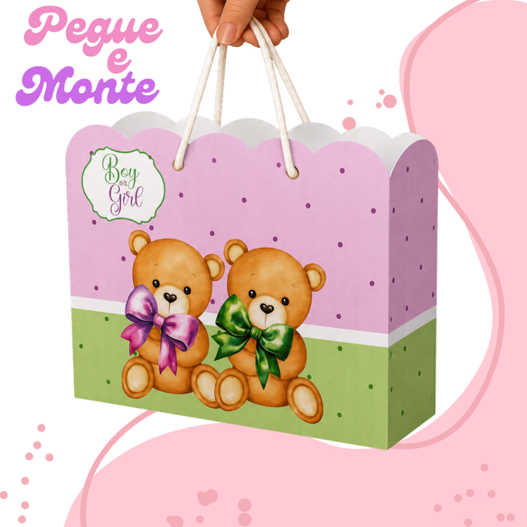 Sacolinha  Personalizada Modelo Nuvem | Cha revelação | Ursinho Lilas e Verde | Lembrancinha Festa Infantil
