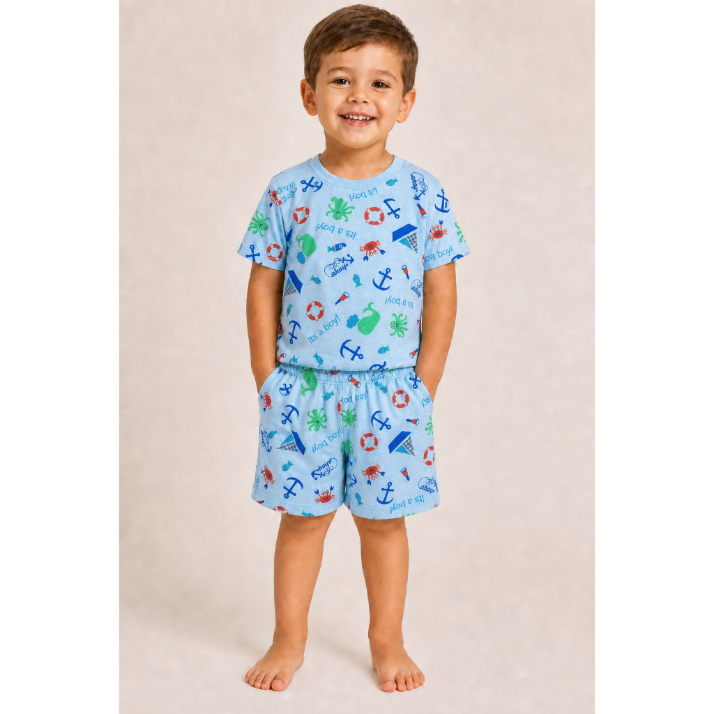 Conjunto Pijama Infantil Meia Malha Estampada Primavera/Verão Menino 1/3 Algodão