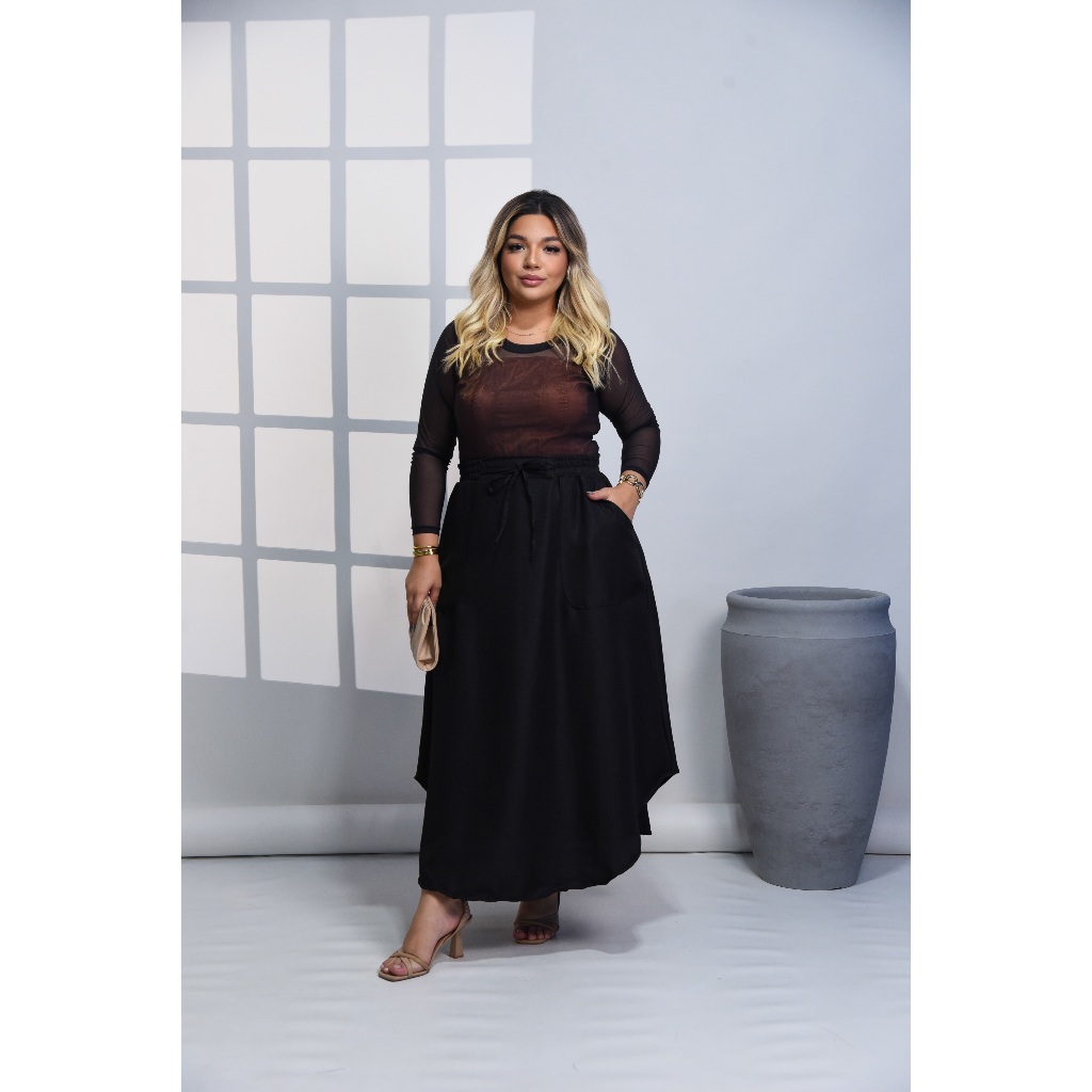 Saia Midi alfaiataria dunalinho Plus Size com Amarração e Bolsos Frontais
