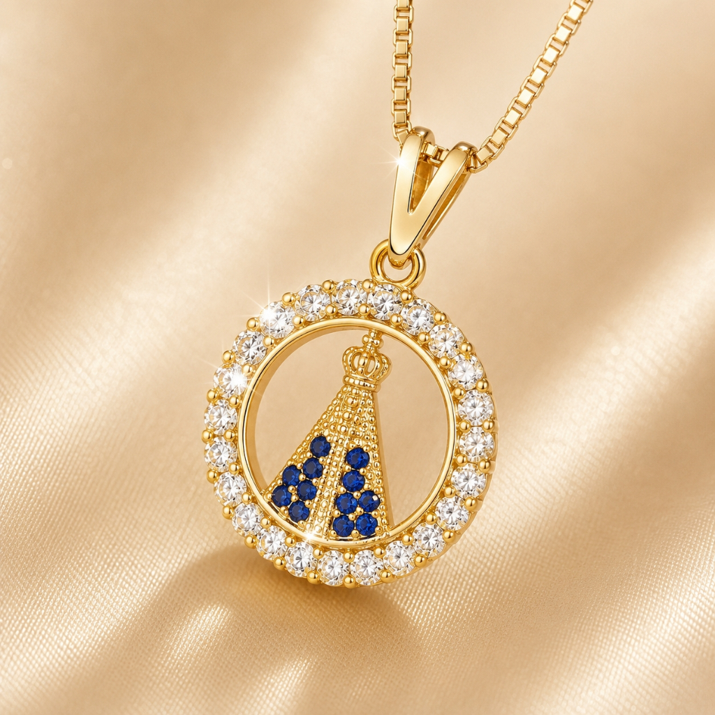 Colar Religioso Feminino Redondo Nossa Senhora Aparecida Delicado Banhado Ouro Presente de Fé