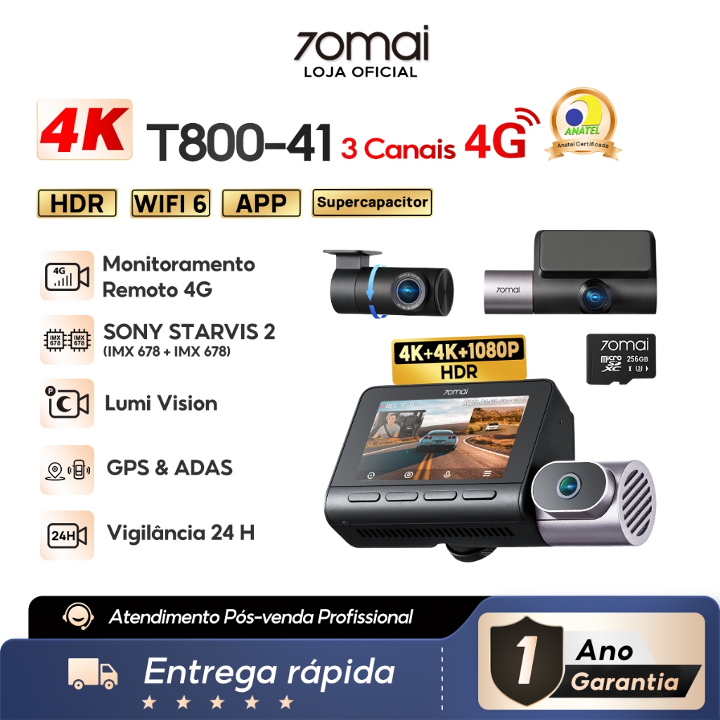 Câmera Veicular 70mai T800 3 Canais Dual 4k Sony STARVIS 2 IMX678 Hdr 4g GPS&ADAS Lumi Vision AI