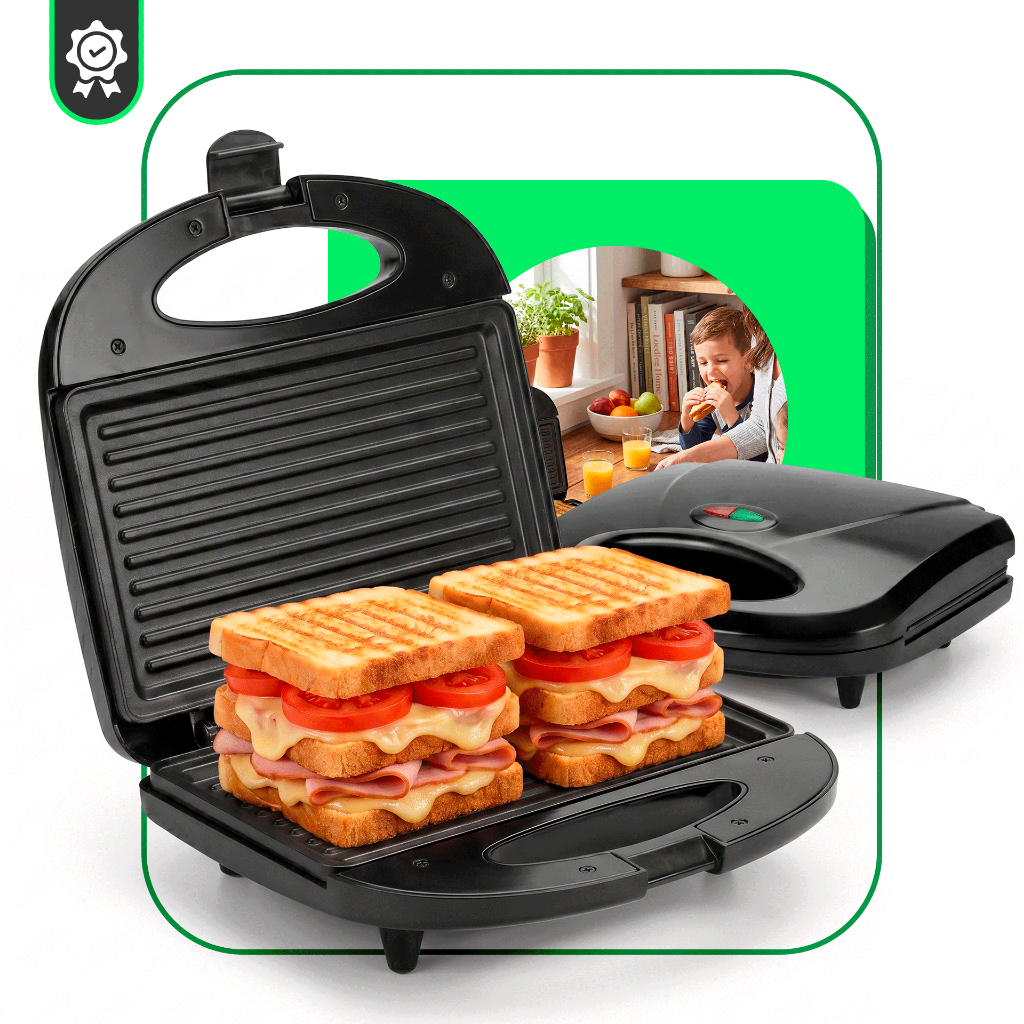 Sanduicheira Grill Elétrica 750W Antiaderente 2 Sanduíches Rápido 110V ou 220V Preto Termostato Automatico