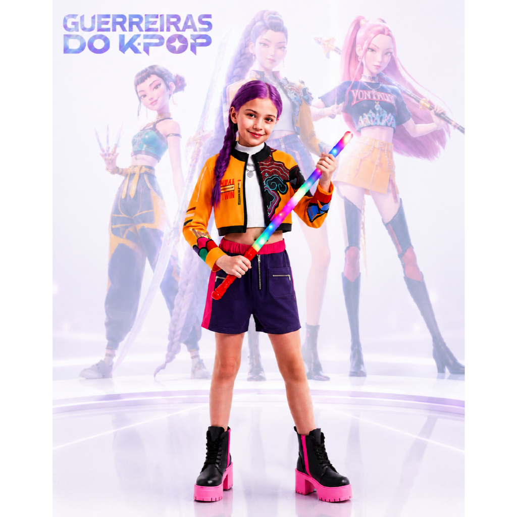 Fantasia Guerreiras do K-pop + Bastão Led Rumi Amarela Look Show Huntrix Lightstick