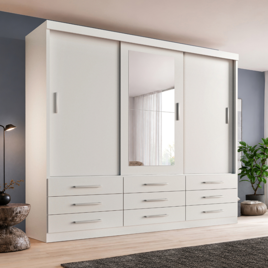 Guarda Roupa Casal Capri 3 Portas Correr 9 Gavetas Com Espelho