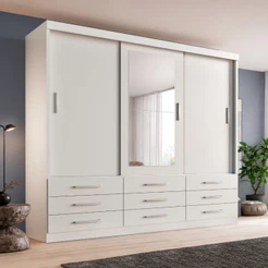Guarda Roupa Casal Capri 3 Portas Correr 9 Gavetas Com Espelho