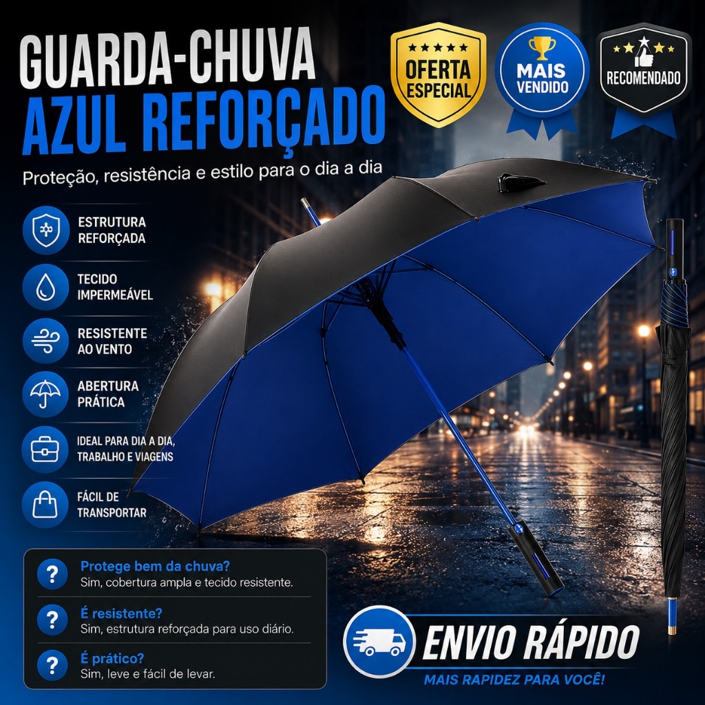 Guarda-Chuva Grande Automático Reforçado Premium 140cm Fibra de Vidro proteção UV COR: PRETO/AZUL