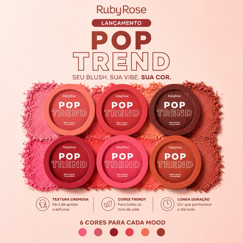 Blush Cremoso Pop Trend Ruby Rose Efeito Blur Acabamento Natural