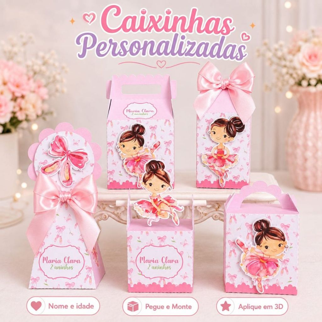 Kit Festa Caixinhas Personalizadas Bailarina com Nome  Idade - Lembrancinha Infantil Aniversário com Aplique