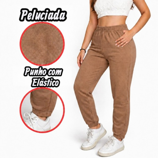 Calça feminina moletom Leve jogger peluciado flanelado inverno casual social com bolso plus size