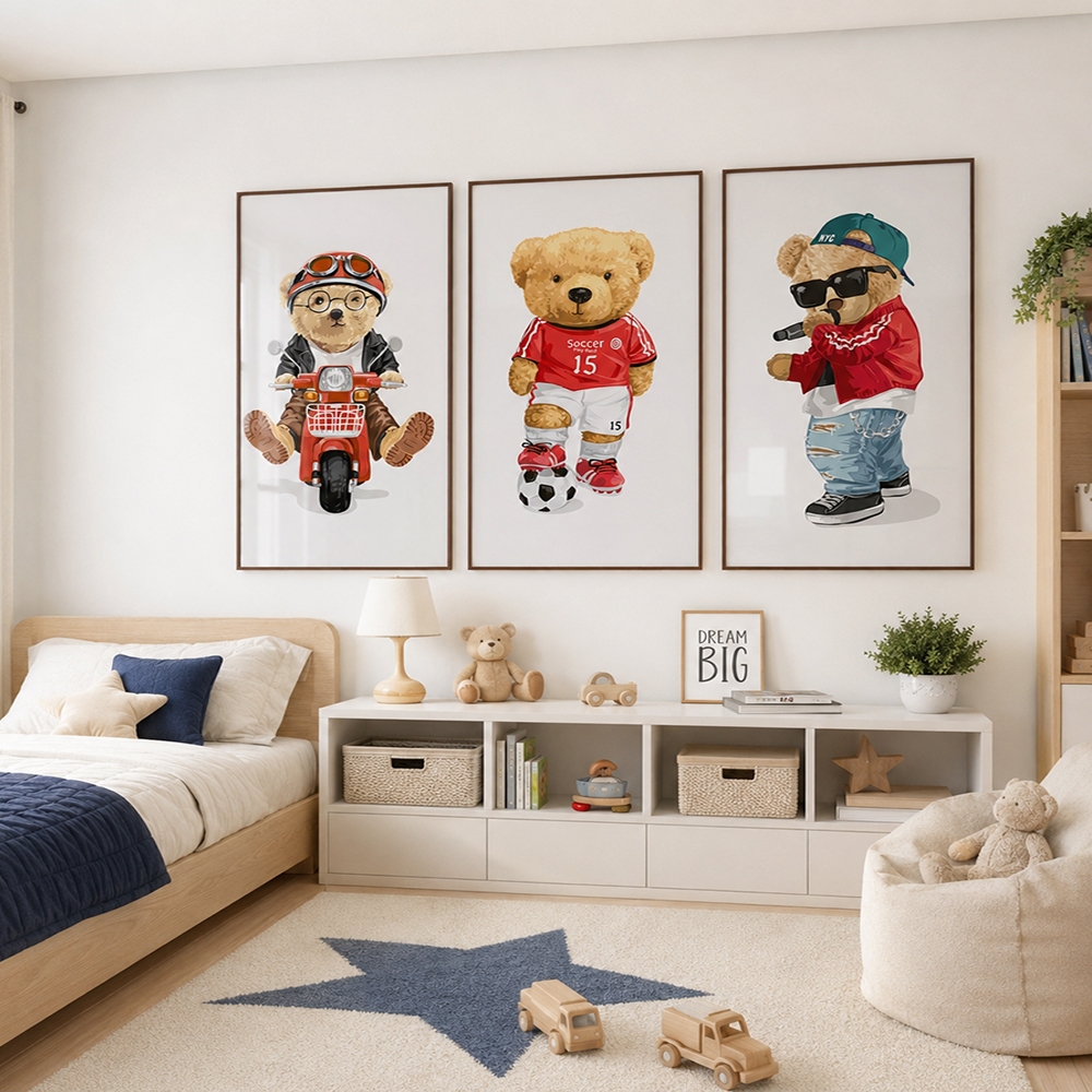 Quadro Decorativo Infantil 3 Peças Aventuras do Ursinho Moto, Futebol e Estilo M