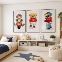 Quadro Decorativo Infantil 3 Peças Aventuras do Ursinho Moto, Futebol e Estilo Moldura 50x75