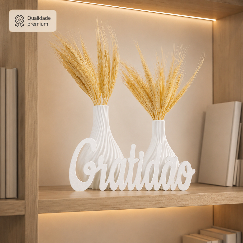 Kit 2 Vasos Branco Decorativos + Letreiro Enfeite de Plástico Sala, rack, Casa e Escritório Decoração Moderna Trigo seco