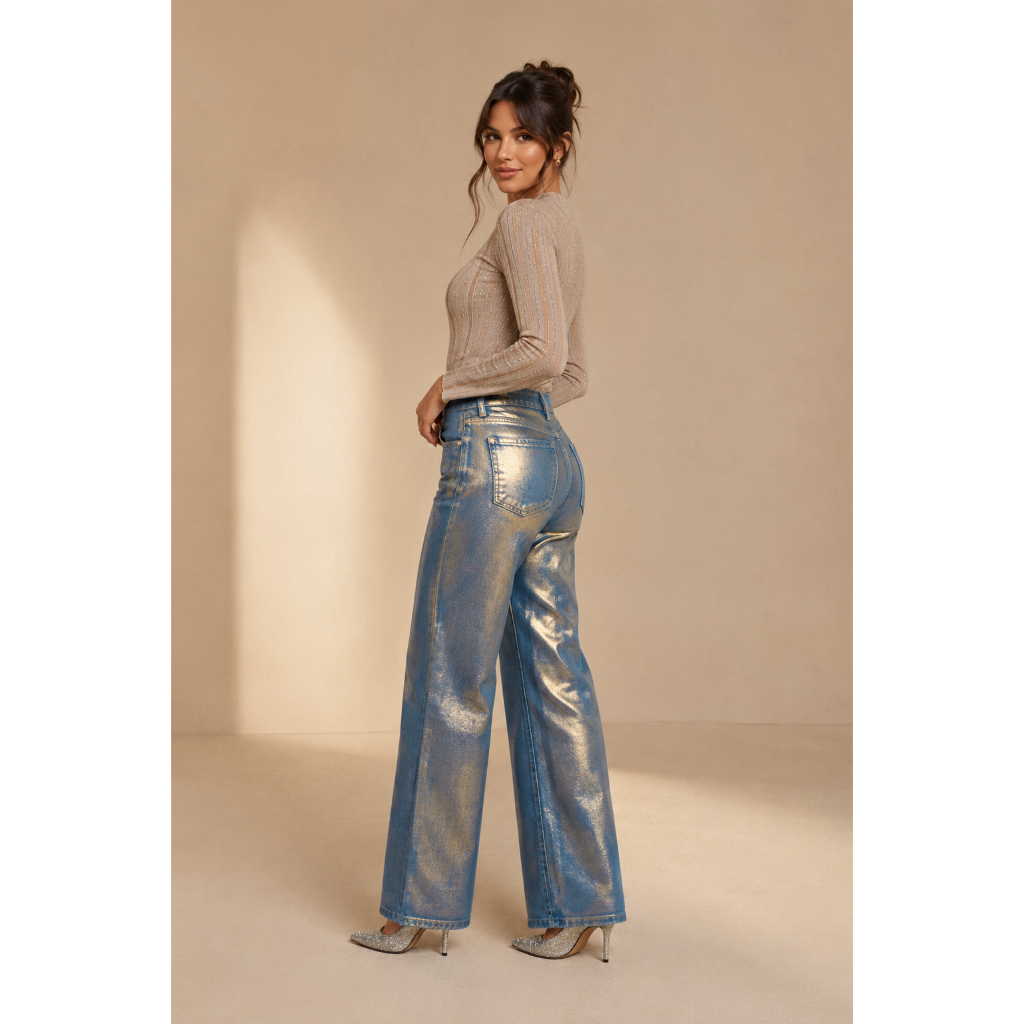 Calça Jeans Wide Leg Com Foil Dourado, Cintura Alta - Modelo Foil Dourado. — imagem 2 de 2