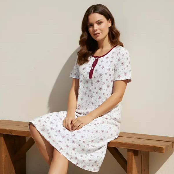 Camisola Botão Feminina Manga Curta Estampa Floral Pijama Camisão Gestante Dormir Senhora