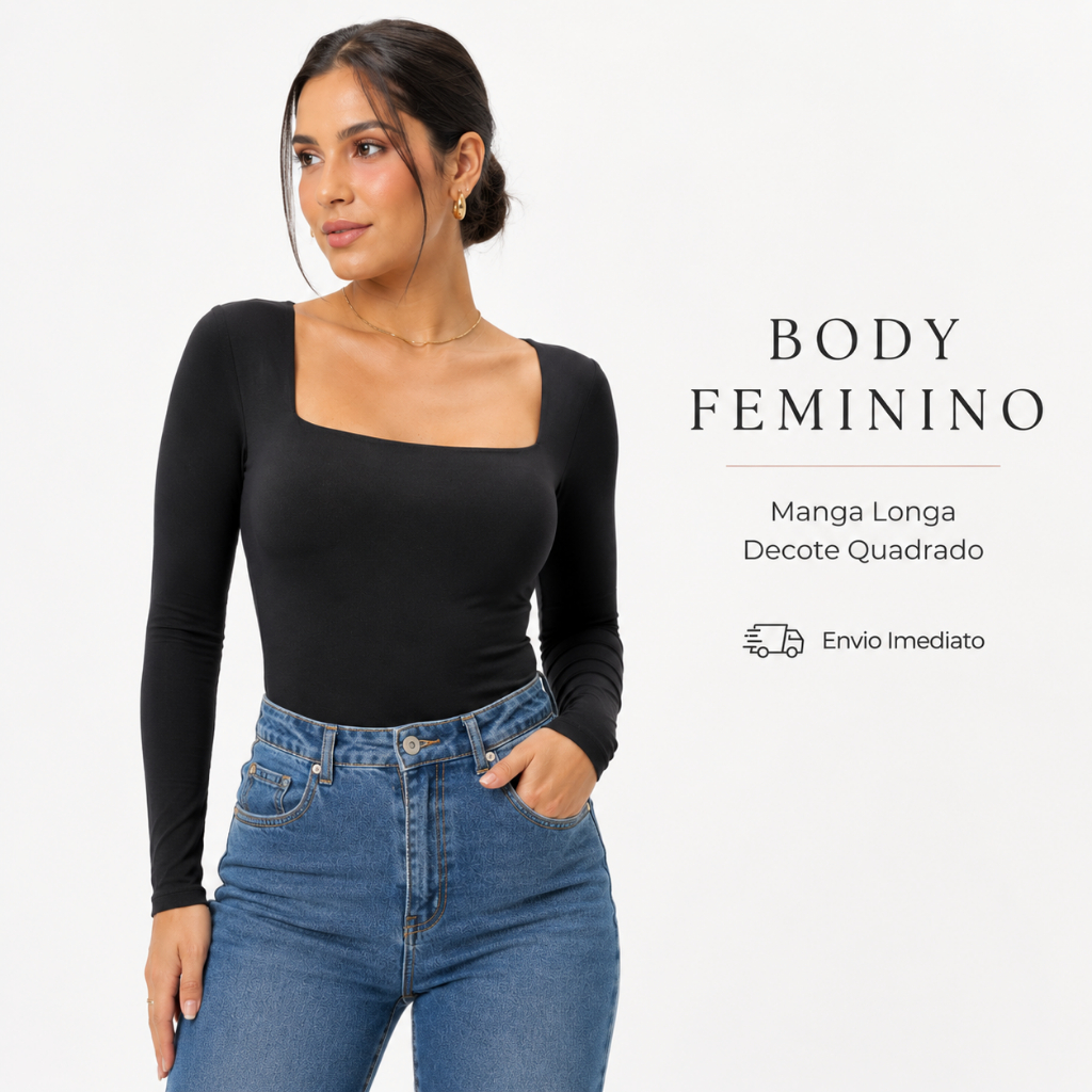 Body Feminino Manga Longa Decote Quadrado Suplex Conforto e Estilo Para seu Verão Moderno Dia & Noite