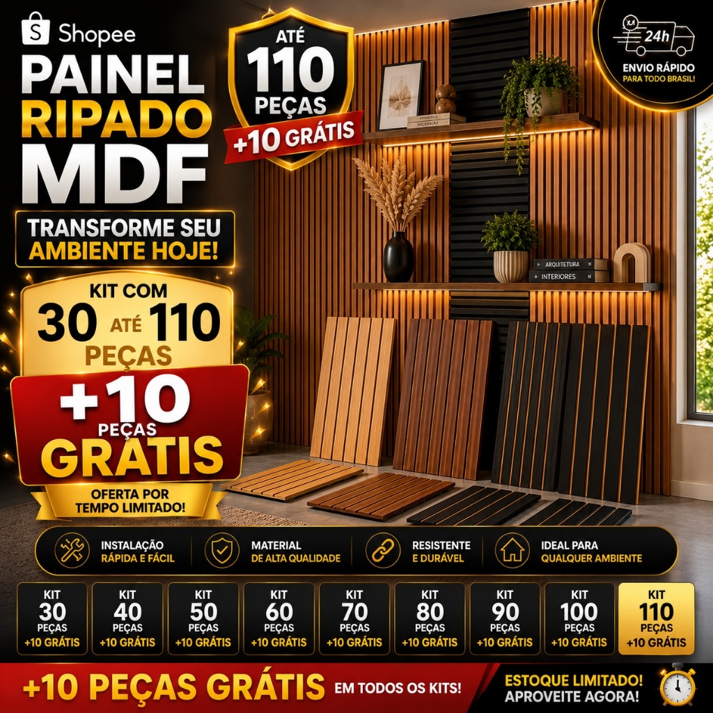 Kit 30 Até 110 Placas + 10 Gratis Ripados PREMIUM Revestimentos Painel Decorativo MDF Alta Qualidade 45cmx10cm - FULL