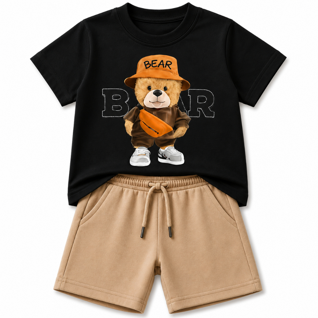 Conjunto Infantil Masculino Camiseta e short Estampado Urso Confortável Algodão Kids