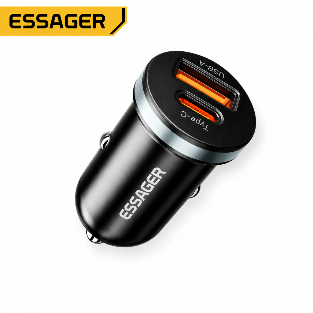 Carregador Veicular Essager 30W Turbo | USB + USB-C | PD 3.0 QC 4.0 | Carregamen
