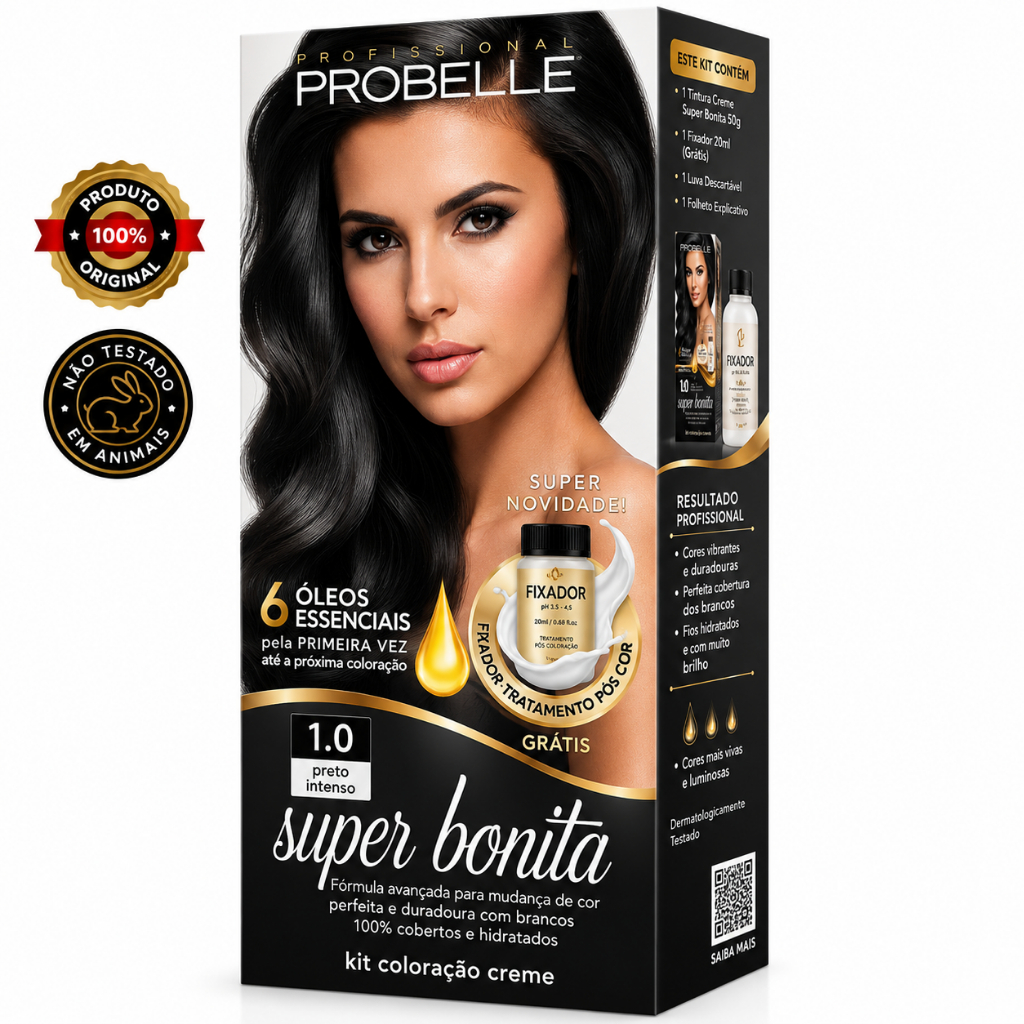 Tintura Probelle Super Bonita Kit Coloração Creme 6 Óleos Essenciais Cobertura dos Brancos + Fixador Grátis